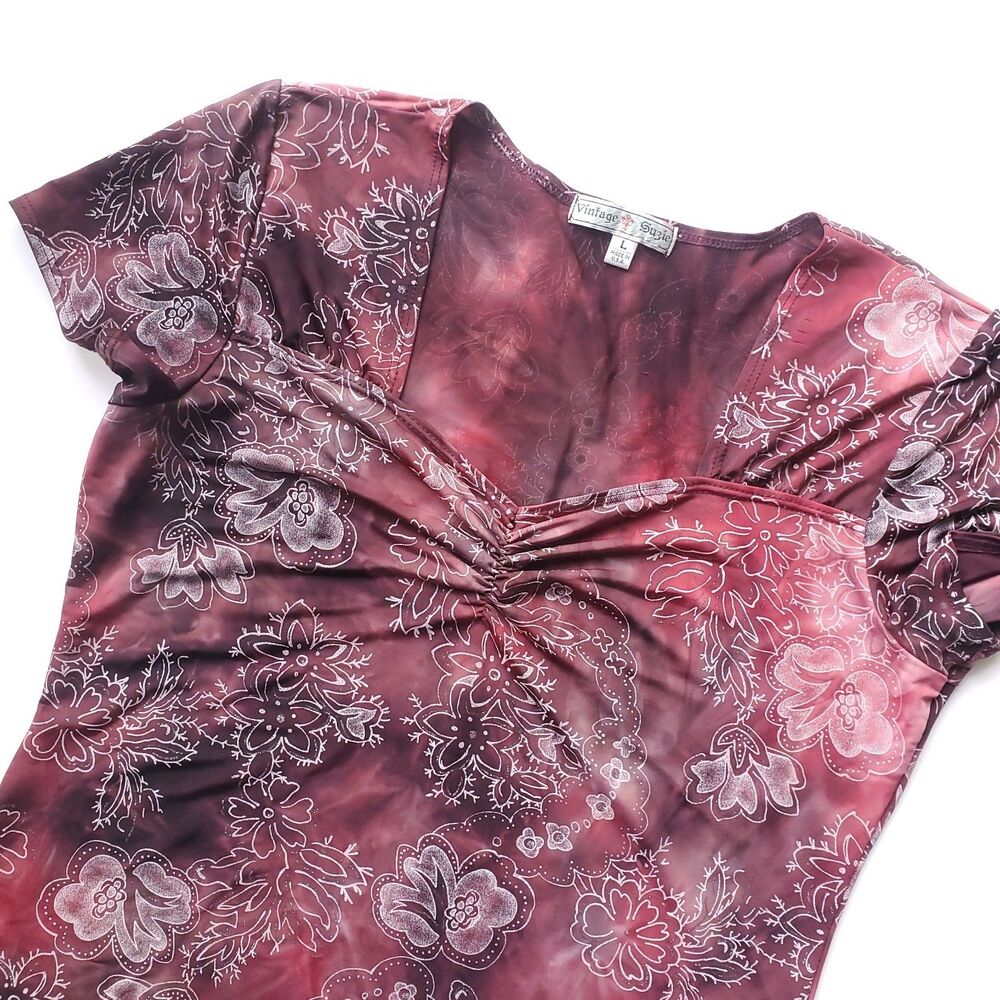 Vintage Suzie Top Sz L Red Floral Tie Dye Y2K Fairy Grunge Short Sleeve Stretch